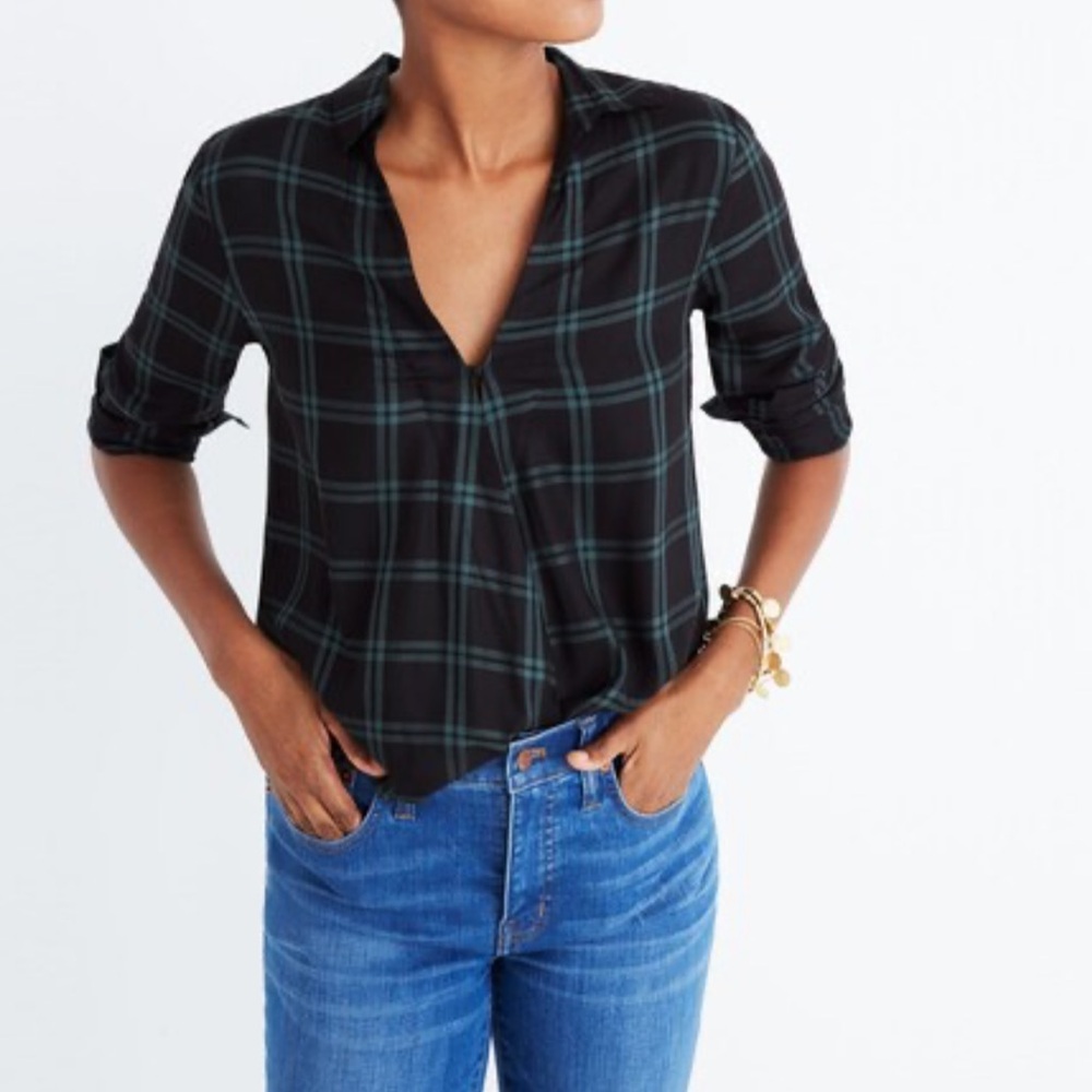 Madewell Wrap-Front Shirt in Palma Plaid S Old Vine (Black and Green Plaid) NWT